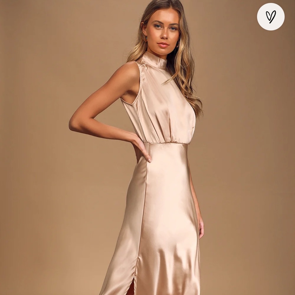 Lulus Champagne Satin Sleeveless Mock Neck Dress